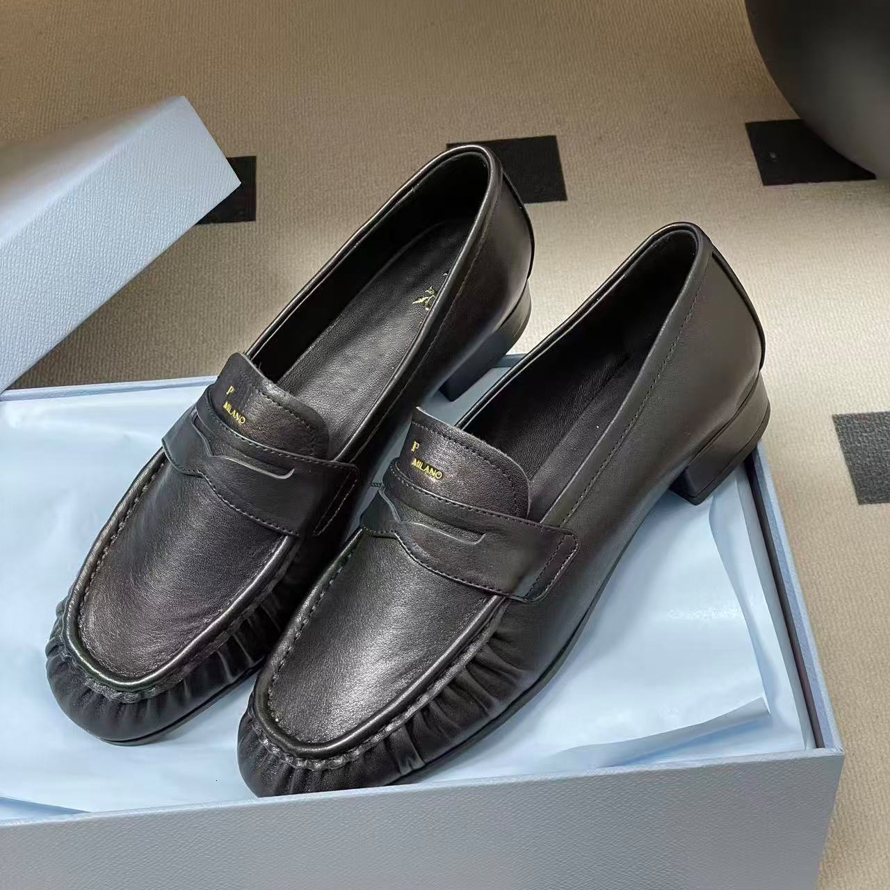 Leather Loafers Women Shoes Luxury Designer Black Square Toe Low Heel Slip On Dress Fashion Office Casual Classic Elegant Formal Party Walking Soft