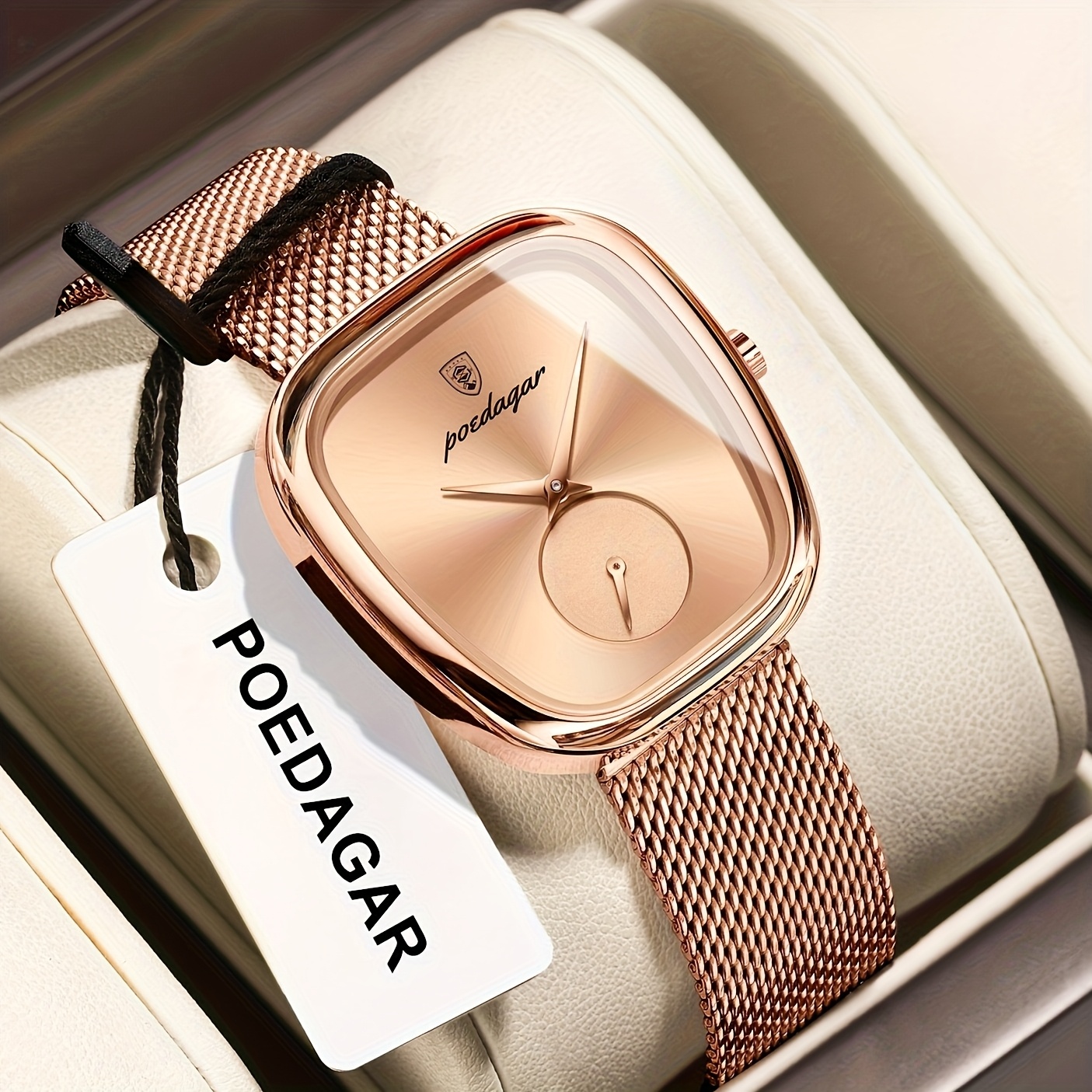 Montre carrée élégante en forme de rose – Bracelet en maille d'acier inoxydable étanche, montre à mouvement à quartz, cadran noir avec aiguilles