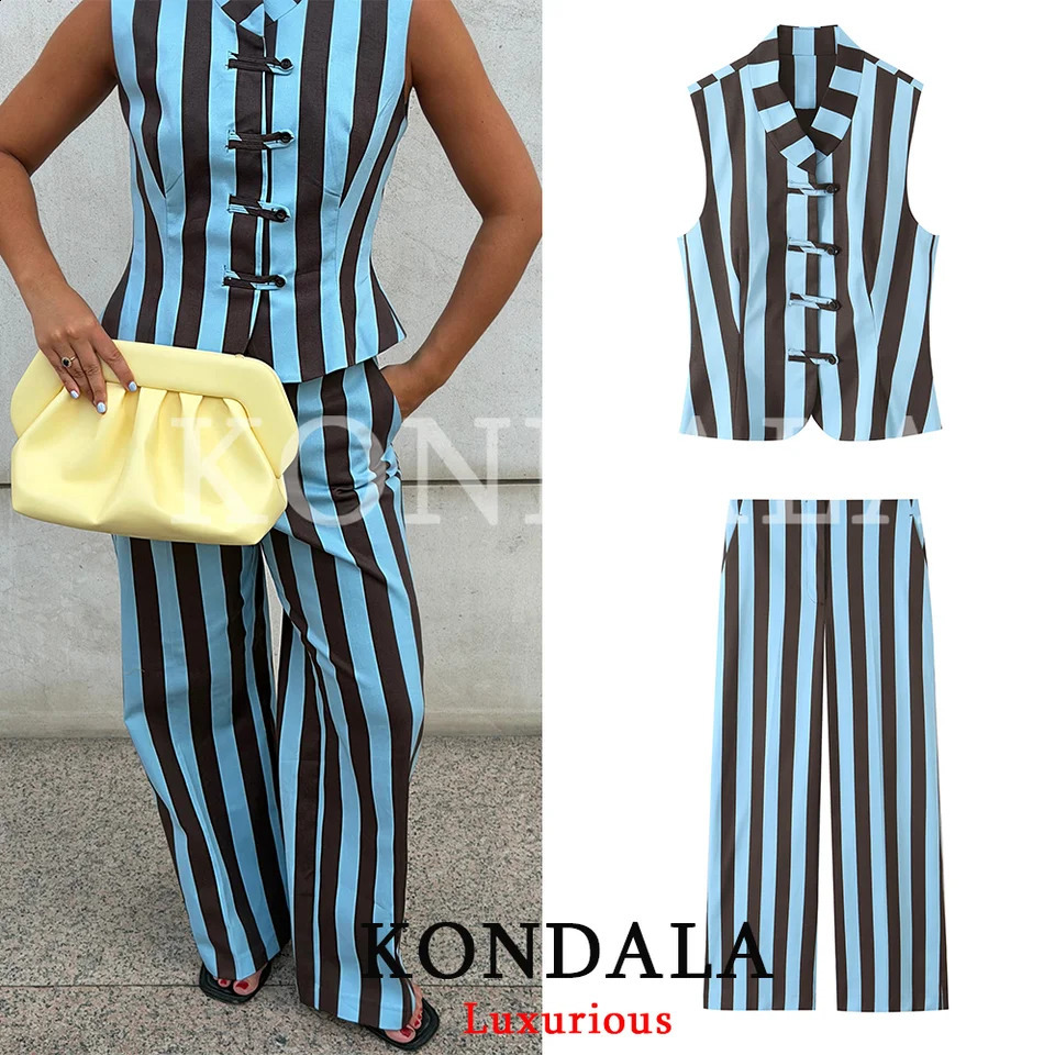 KONDALA Casual Chic Women Striped Suit Single Breasted Sleeveless Blouse Zipper Loose Pants Fashion 2026 Summer Autumn Sets 260921
