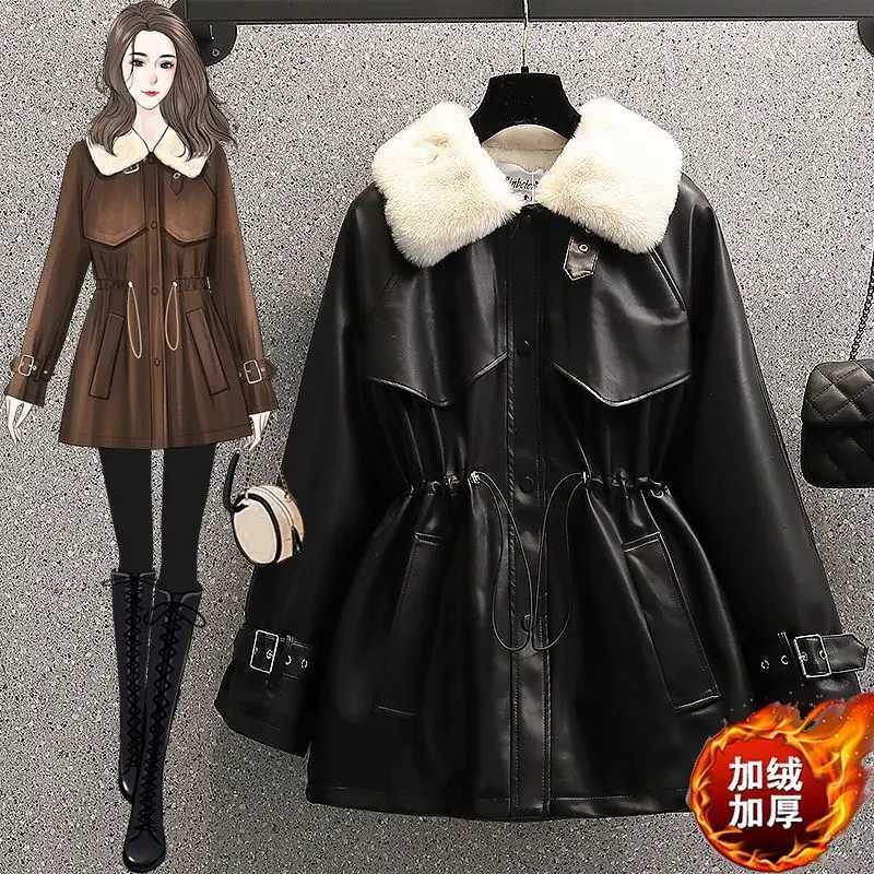 Winter Age 2026 Reduction with Thick Velvet Loose Stand up Collar Motorcycle Wear PU Leather Jacket Long Sleeve Coat for Women C260921