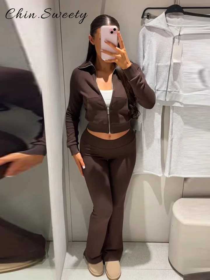 Women's Casual Baseball Zipper Sets Jacket Pant Set Solid Lapel Full Sleeve Pocket Jackets Slim Wide Leg Trouser 2025 Autumn Lady Commute Suit