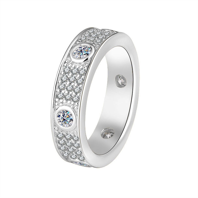 925 Sterling Silver Womens Engagement Ring Moissanite Inlay Wide Band Classic European American Fashion Jewelry Gift Party