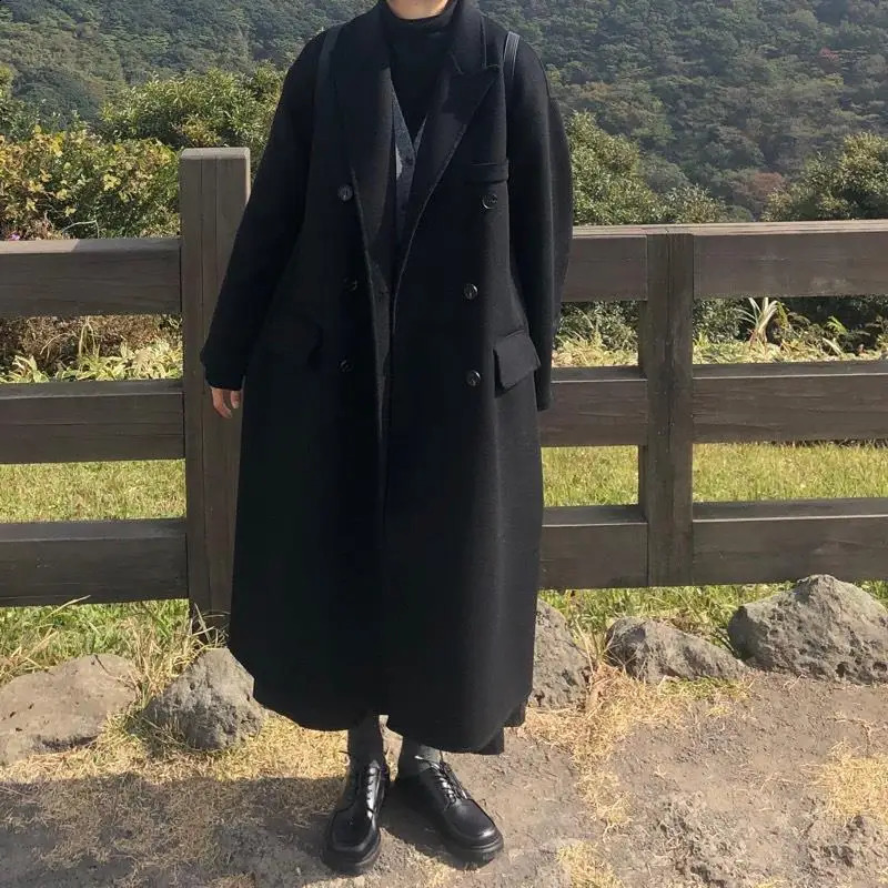 Long Over the Knee Woolen Coat for Women Black Loose and Slimming Student Woolen Coat for Women 260921