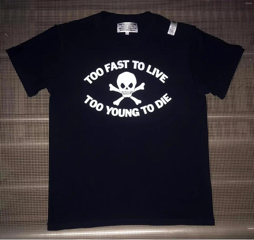 T-shirt punk a maniche corte TOO FAST TO LIVE YOUNG DIE classica vintage retrò con teschio TX1532