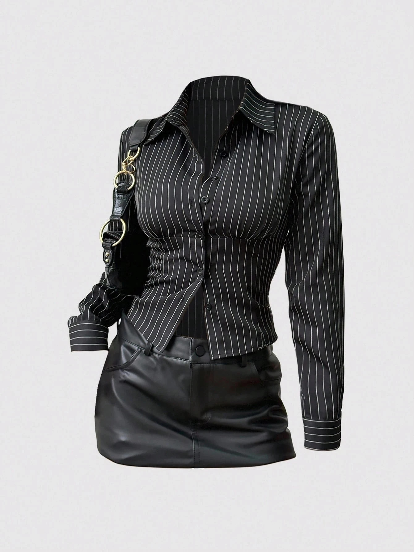 Women's Elegant Textured Button Fitted Waist Striped Long Sleeve Shirt Black Lady Office Single-breasted Crop Shirt SpringFall 260921