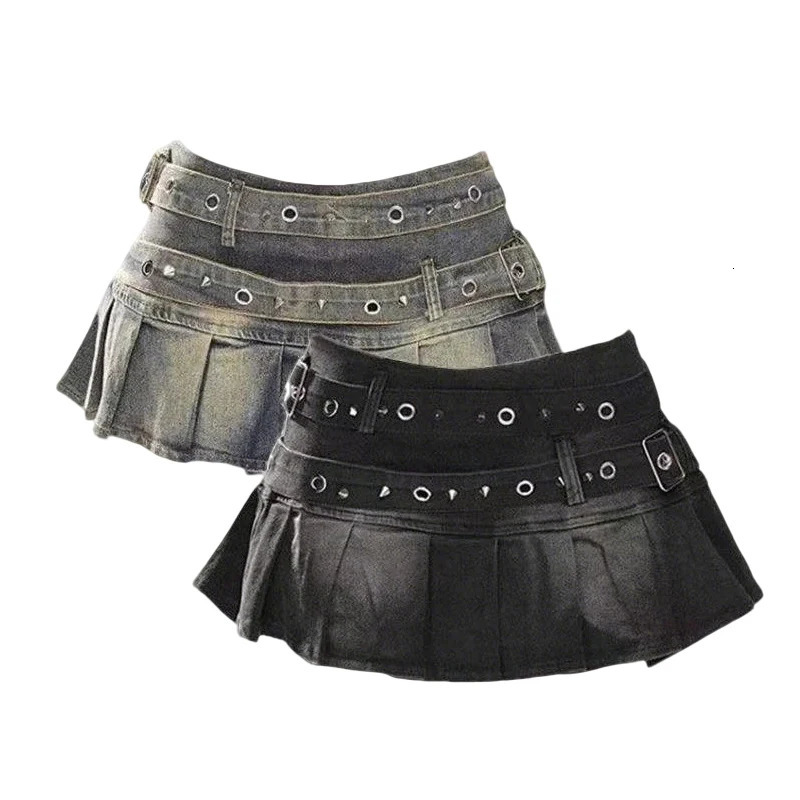 Gonna di jeans da donna con cintura borchiata a vita bassa pieghettata mini gonne di jeans blu nere Alt Girls Y2K Punk anni '90 260922