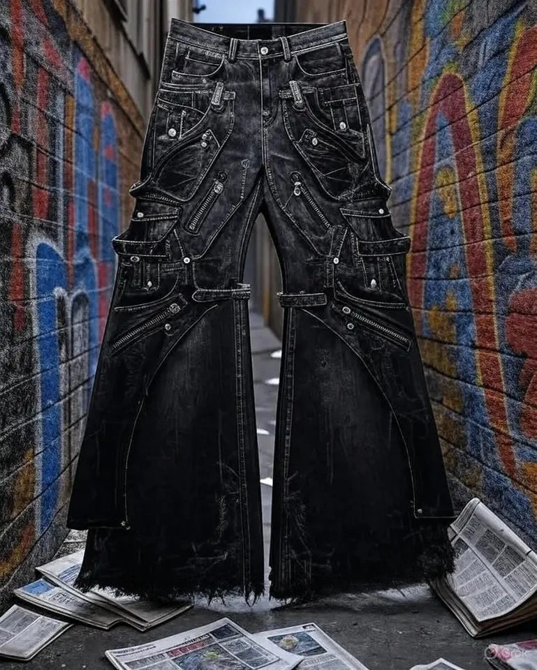 Streetwear Goth Punk Pantalones vaqueros cargo con múltiples bolsillos para hombre Pantalones de mezclilla acampanados desgastados negros con correa