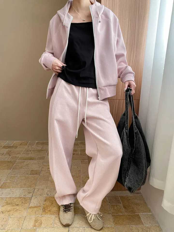 Autumn Spring and Baseball Sets Women's Casual Solid Color Loose Hooded Sweatshirt+High Waist Loose Pants Set N260922