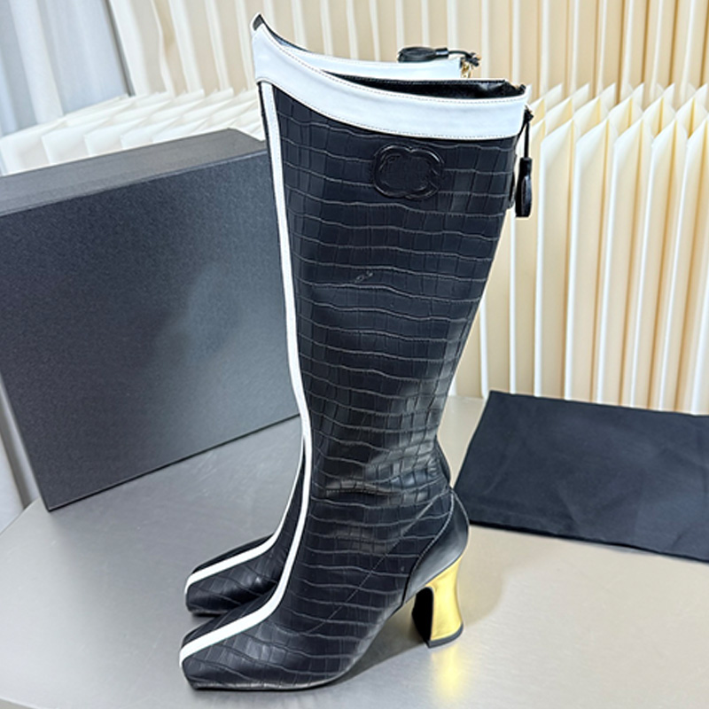 Top Luxury Designer Womens Square Head Metal Heel Boots Top Quality Black Crocodile Pattern Coarse Heel Tall boots Womans Outdoor Fashion Daily Wear