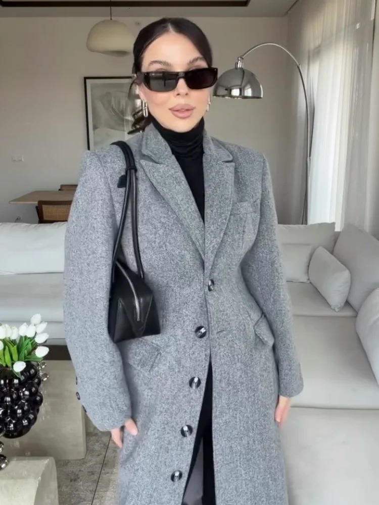 Elegant Cinched-waist Woolen Coat Lady Lapel Full Sleeve Single Breasted Long Overcoat 2026 Spring Women Commute Office Wear 260922