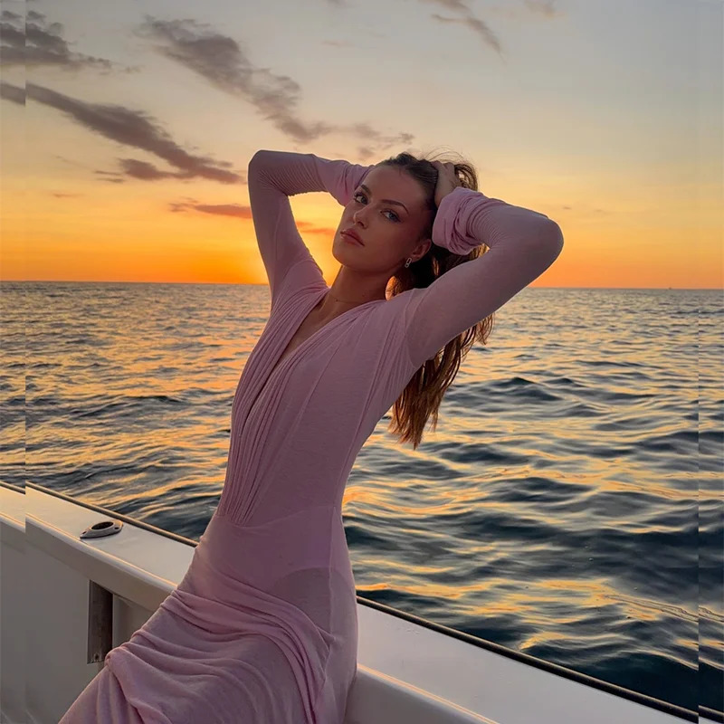 Women's Sexy Sheer Mesh Long Sleeve Maxi Dress Deep V Neck Long Sleeve Party Gown Stylish Lady Ruched Slim Fit Club Beach Wear 260921