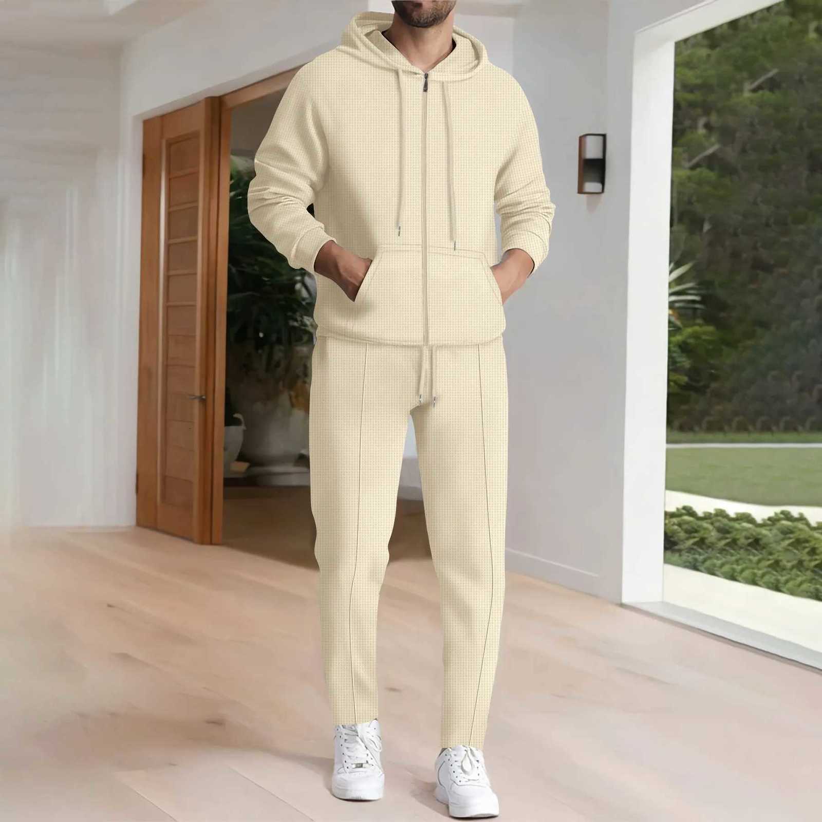 new Men's Tracksuits Winter men's light luxury casual suit comfortable Waffle pocket zipper hooded long-sleeved coat Fashion trousers spor