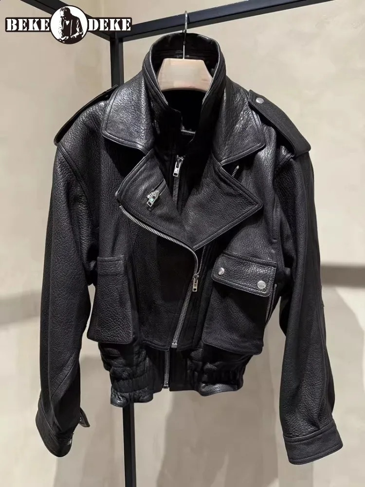Punk Women Vintage Genuine Leather Jacket Lapel Streetwear Motorcycle Short Coat Loose Fit High Quality Sheepskin Outerwear 260922
