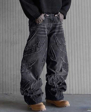 for Baggy Men Y2k Distressed Retro Black Pants Oversized Embroidery Wide Leg Trousers Strtwear S260922ECAL