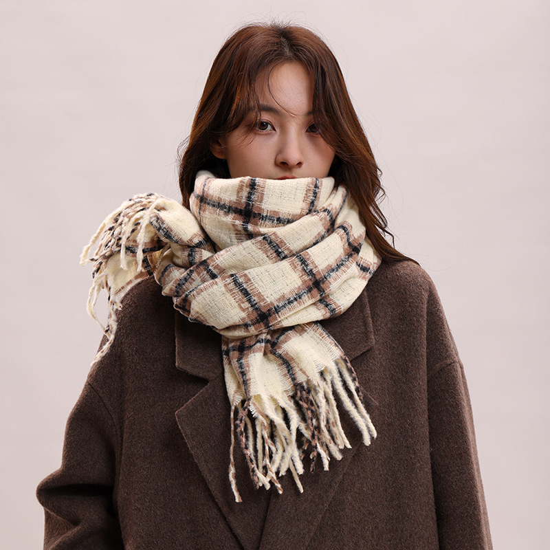 Korean Style Plaid for Women Winter Ins Retro Versatile Thickened Warm Long Shawl Student Dual-use Neck Scarf Trendy