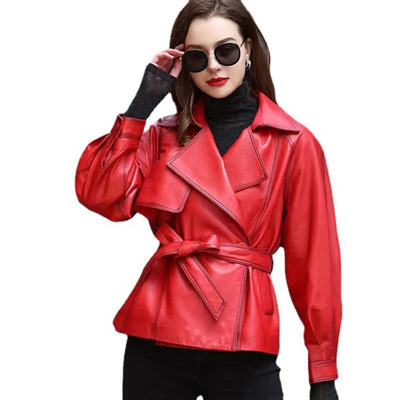 Leather Faux Women's Leather Women's Red Genuine Leather Jacket Short Motorcycle Coat Sheepskin Belted Top for Autumn Winter Fashion Outer