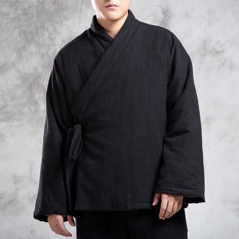 Down Parkas Autumn Winter Men's Men Chinese Style Warm Linen Padded Coat Jackets Men Casual Linen Tang Suit Overcoat Male Thick Hanfu 4XL C2609