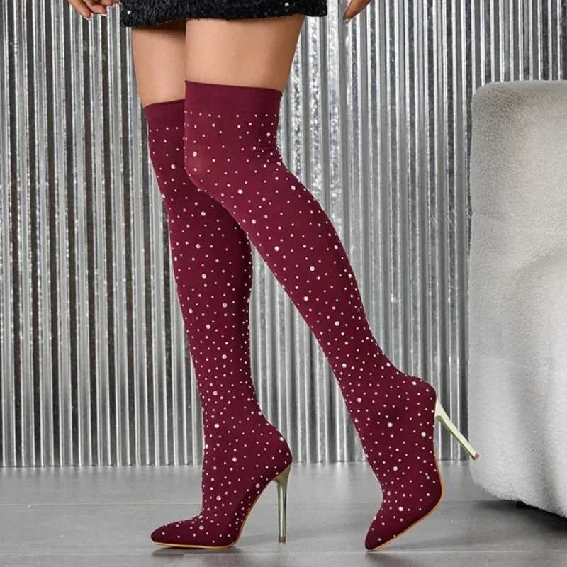Luxury Crystal Rhinestone Stretch Fabric Thigh High Boots Women Sexy Pointed Toe Designer Thin Heels Over The Knee Socks Shoes Q260922