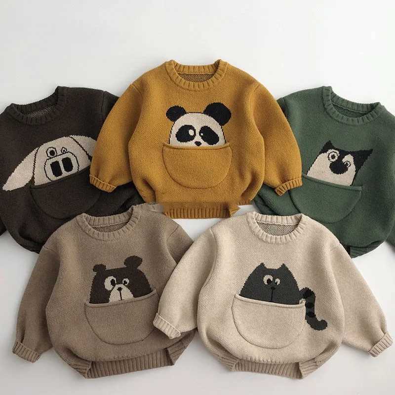 Winter Autumn Pullover New 2024 Cartoon Pullover Sweater Boys Pocket Panda Knitted Shirt Girls Loose Cute Tops Children All-match Clothes C260921