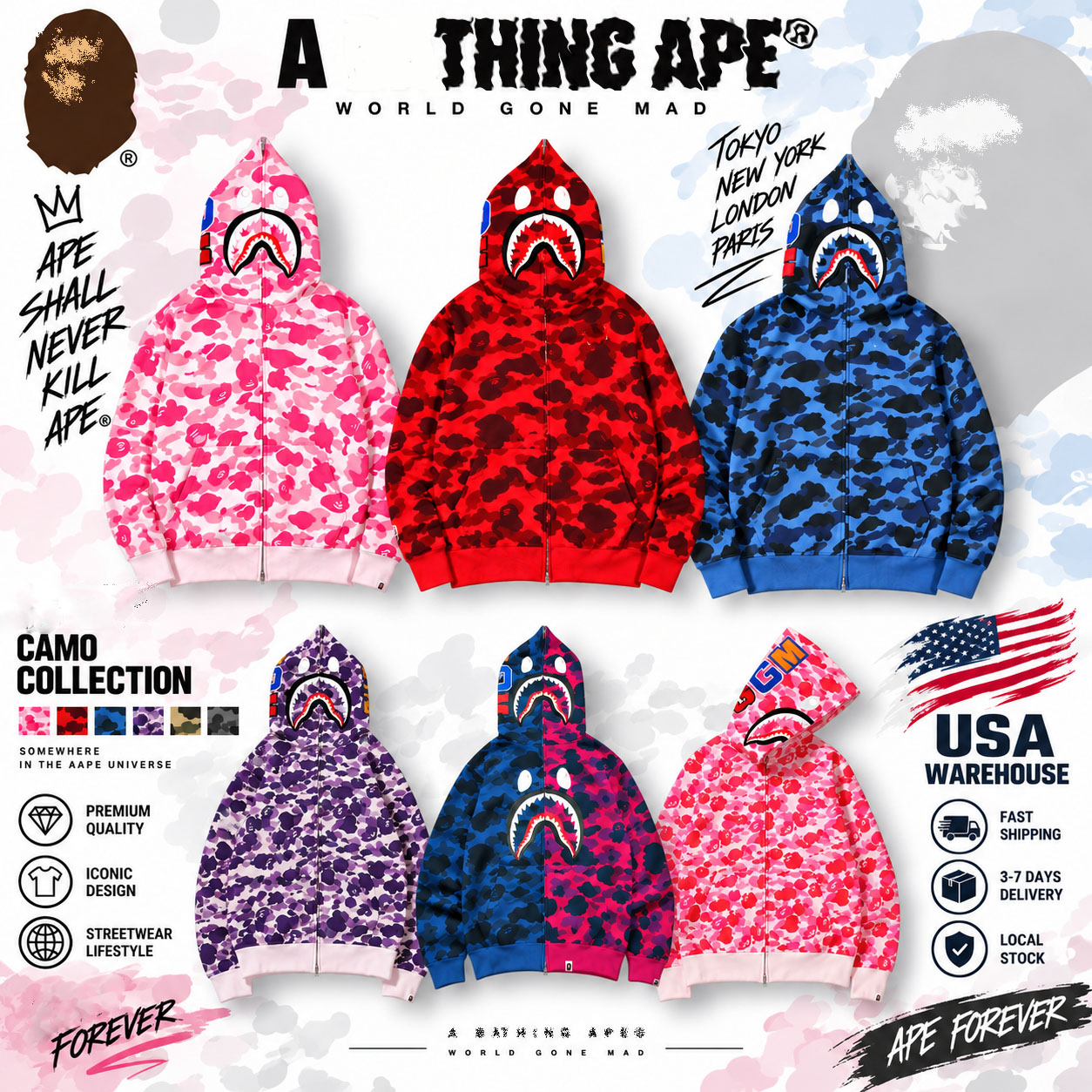 Designer Hoodie Shark Hoodies Mens Baphoodie Jacket Full Zip Up Cartoon Jackets Men Women Hoodie High Quality Hip Hop Y2k Camouflage Pattern Hoodies