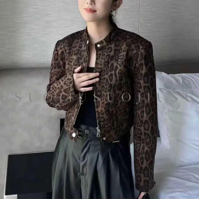 Women's Jackets Fashionable Vintage Leopard Printed Coats Women's Clothing American Loose Autumn Stand Collar Casual Zipper Button Short J