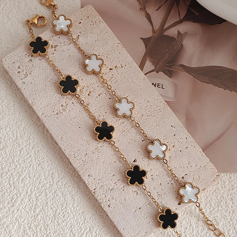 Gold-plated Stainless Steel Five-flower Four-leaf Clover Double-sided Bracelet Adjustable Simple Fashion Jewelry Gift for Women260920