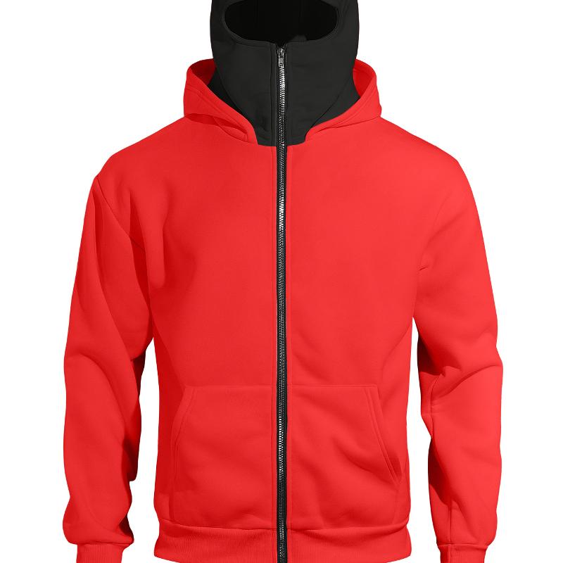 Mens Zip Up Hoodie With Integrated Face Mask Long Sleeve Fleece Outerwear Front Pocket Ribbed Hem And Cuffs Comfortable Casual Jacket