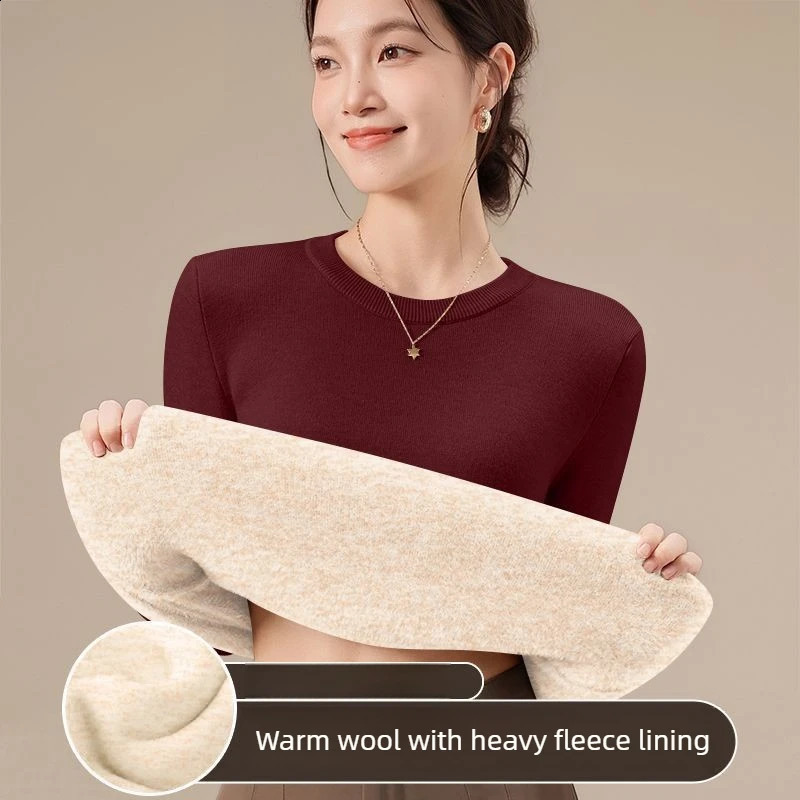 Autumn Winter Women's Warm Long Sleeve T-shirt Thicken Thick Thermal Storage Underwear Round Neck Wool Velvet Base Sweater Top 260921