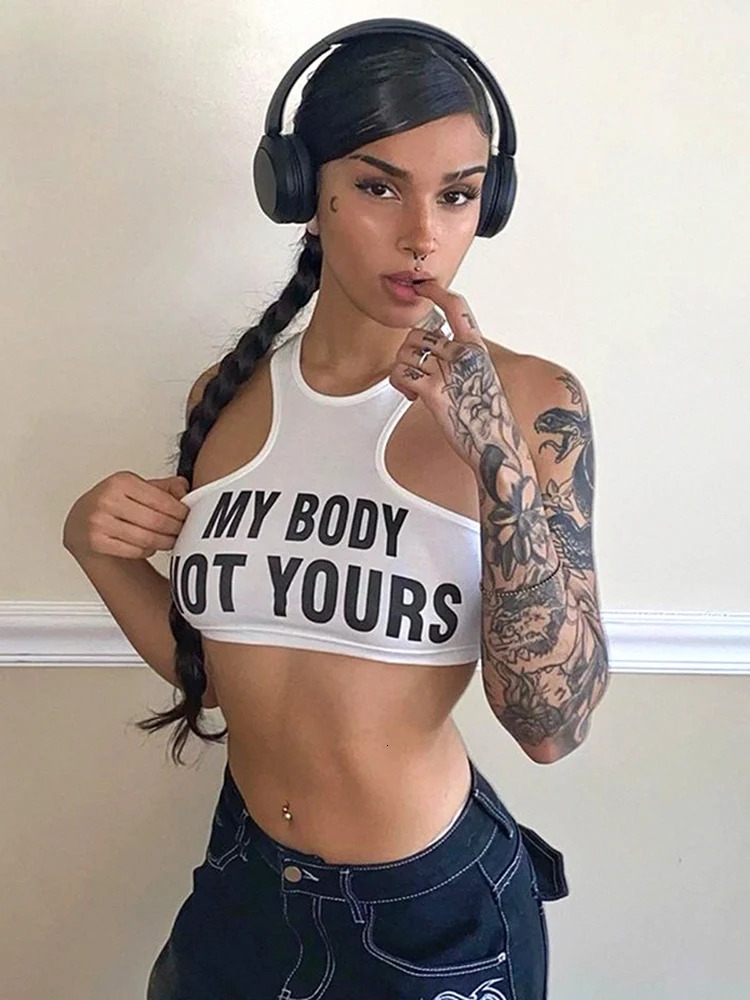 Fashion Letter Printed Tank Top Womens Round Neck Sleeveless One Link Shoulder tie Open Navel Small Crop Top 260922