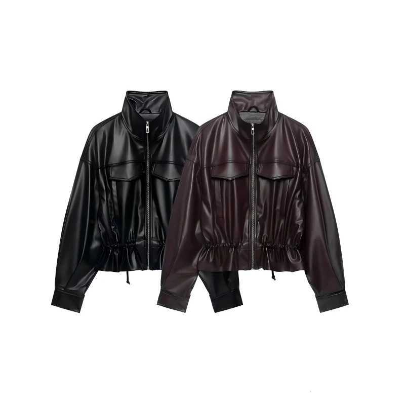 Leather Women's Faux Jacket with Adjustable Waist Zip Front Short Coat Retro Biker Style Outerwear for Fall C260921