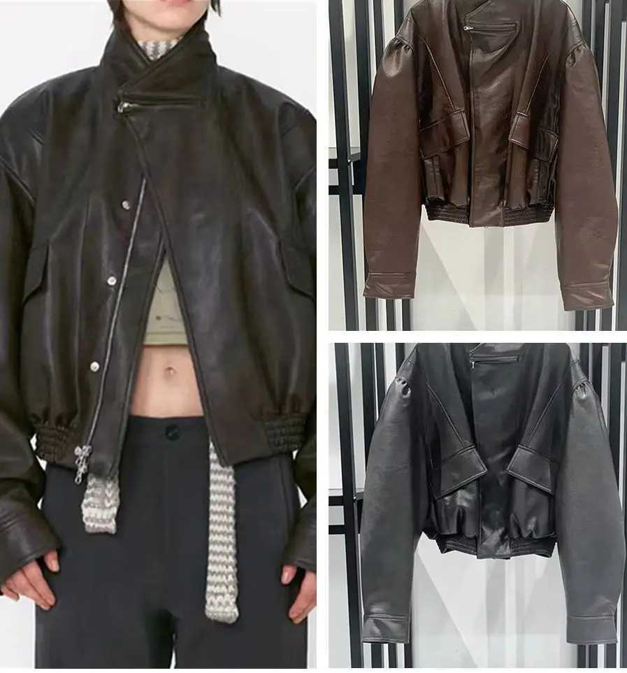 Leather Women's Faux Short Coat Stand Collar Vintage Cinching Waist Lady Zipper Jacket Top for Autumn Winter C260921