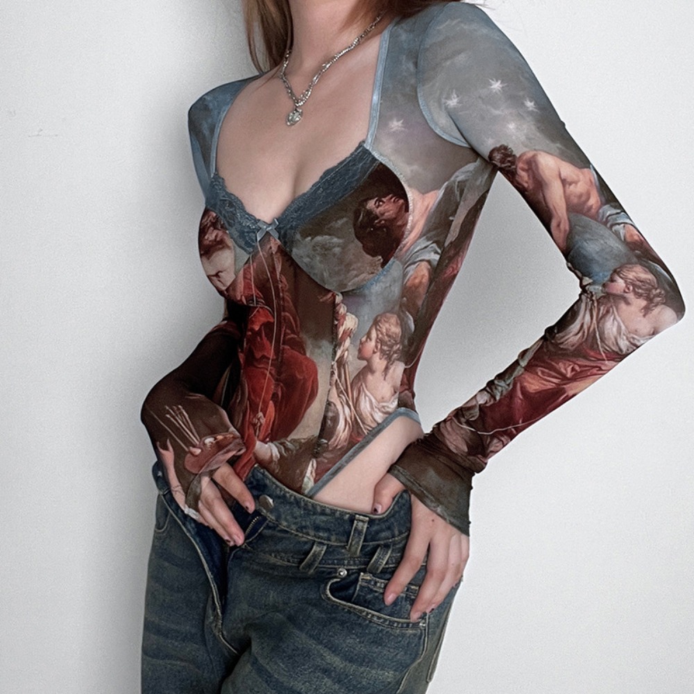 Printed High Waisted Slim Fit Long Sleeve Bodysuit Spring Summer New Women Onesie Top