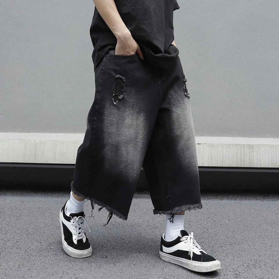 Men's Loose Ripped Denim Jeans 7 Point Calf Length Wide Leg Trousers Distressed Holes Frayed Hem Streetwear Casual Pants 260922