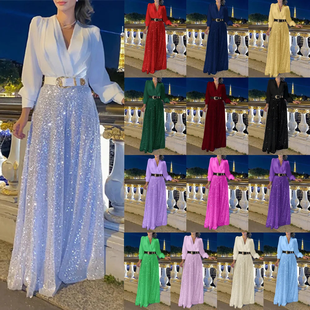 jumpsuit Women Spring Autumn High-end V-neck Long Sleeved Shirt Elegant Temperament Cinched Waist Sequins French Wide Legs 260922