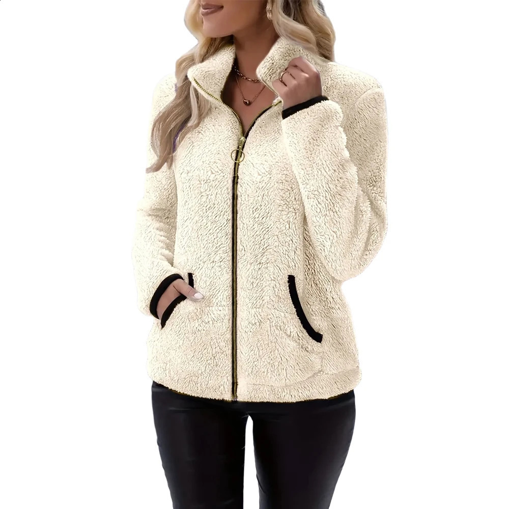 Women Full Zip Fleece Jacket Solid Color Autumn Winter Long Sleeve With Pockets Stand Collar Sherpa Jackets Casual Outwear Coats 260921