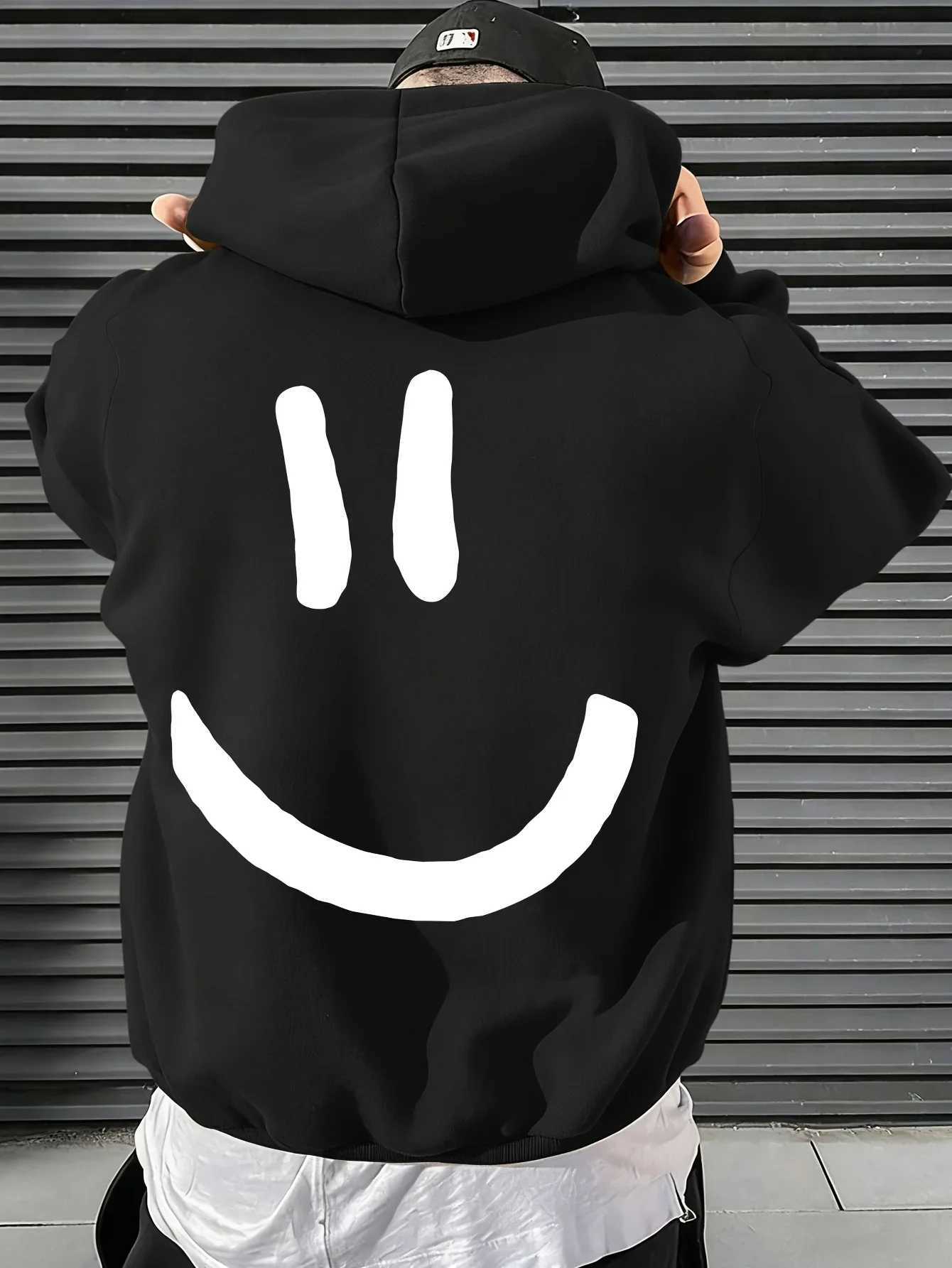 Minimal HandDrawn Face Sudadera con capucha y estampado en la espalda grande Jersey unisex suelto con forro de Flce Otoño Invierno S2609227AJC