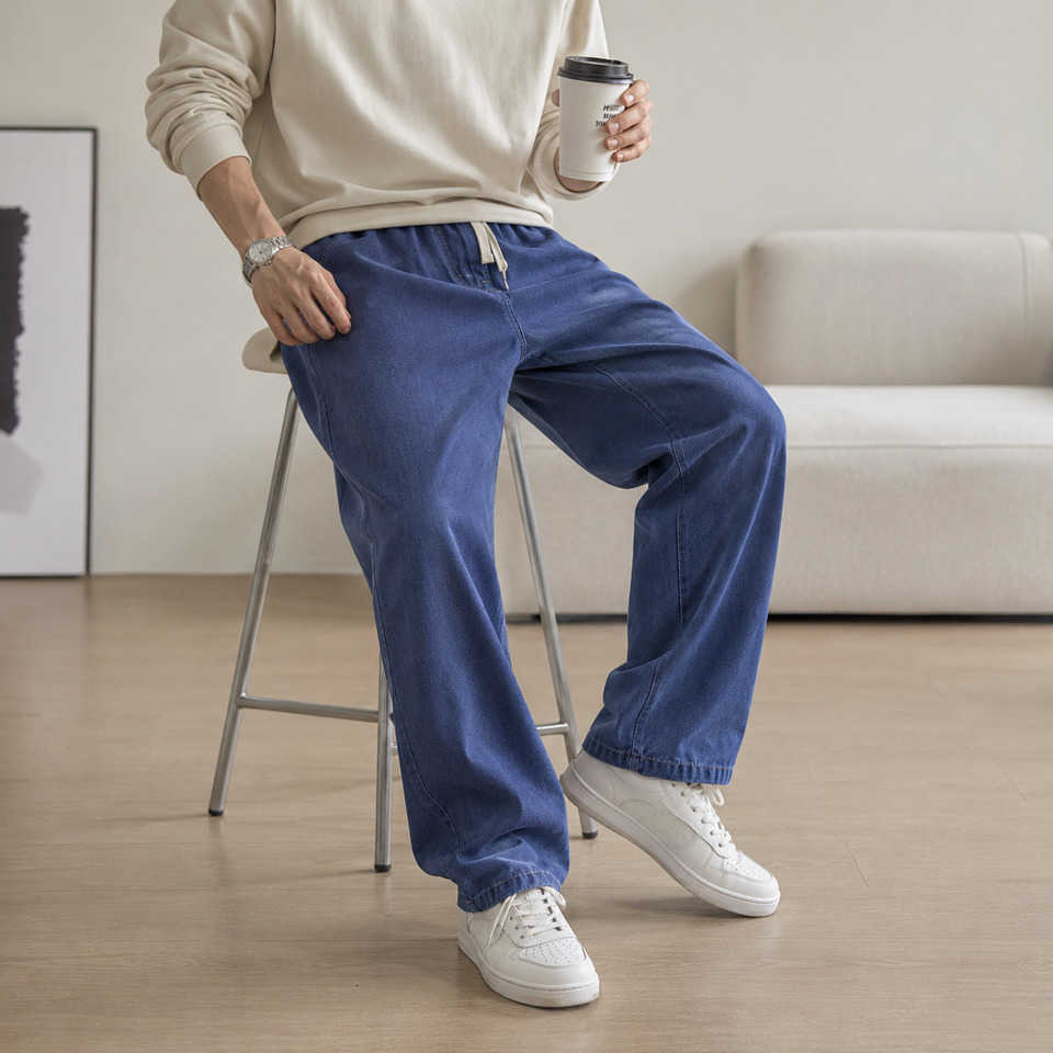 2026 Men's Jeans Spring and Summer Men's Loose Jeans Elastic Waist Wide Leg Y2K Denim Pants Straight Comfortable Brand Men's Clothing
