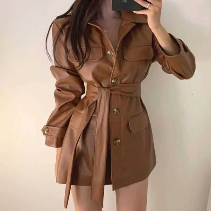 Faux Women's Leather Leather Spring Autumn Solid Faux Leather Lapel Belted Mini Dress Coat High StreetCasual Chic Long Sleeve Button-Up Outerwe