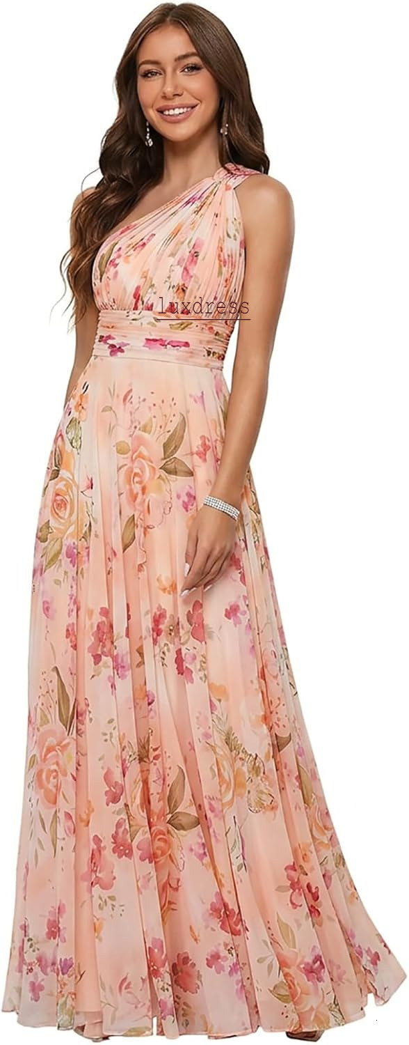 Floral Bridesmaid Dresses for Women A Line Pleated Chiffon Long Evening Gown Formal Wedding Guest Dress Orange Pink