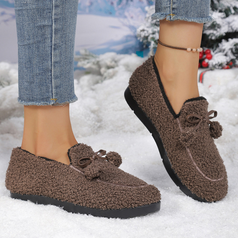 Niche Design Women's Wool Loafers Light Luxury Bow ashoesfactory Flat Fleece Lined Warm Shoes for ashoesfactory Winter Office and Casual