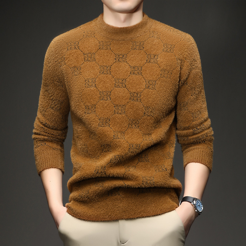 Winter Men's Fleece-Lined Sweater, Faux Mink Fur, Thick Knit, Round Neck, Pullover, Warm Base Layer For Dads Manlishan