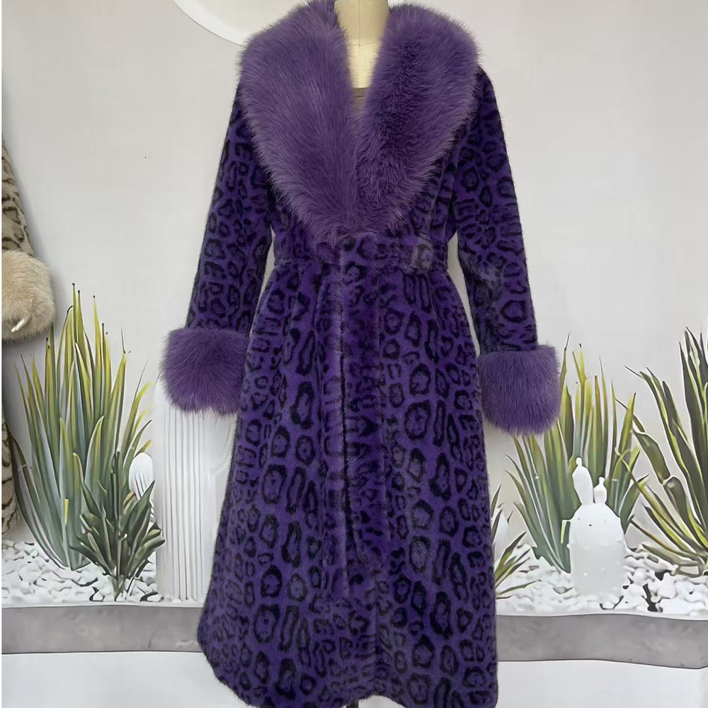 Women's Luxury Faux Mink Fur Premium Faux Shearling Leopard Print Long Coat Slim Fit Autumn Winter Outerwear