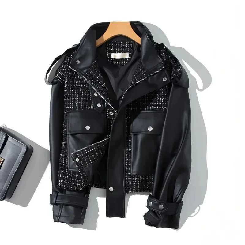 Faux Women's Leather Leather Black Splicing Leather Jacket for Women 2024 New Women's Spring Autumn Slim Women's Short Coat PU Jacket