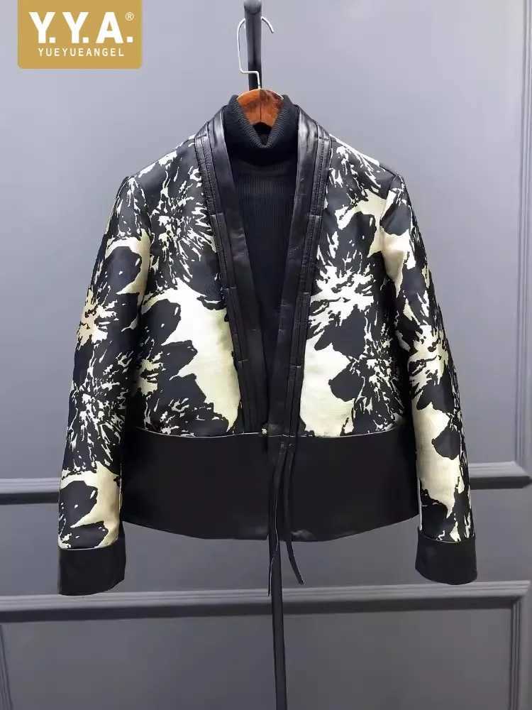 Chinese Style New Printed Patchwork Elegant Women Sheepskin Genuine Leather Jacket V-Neck Spring Autumn Office Ladies Short Coat C2609211