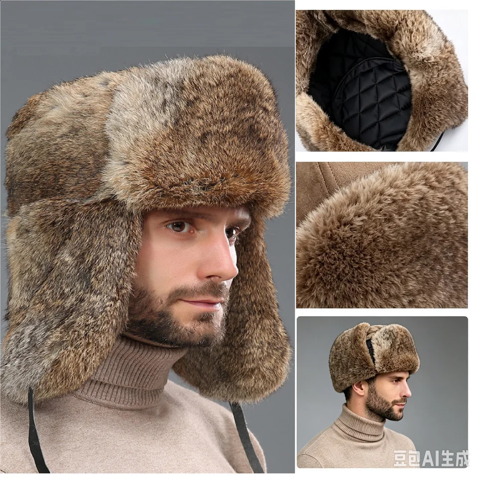 Men Trapper Hat Winter Russian Ushanka Hat with Faux Rabbit Fur Earflap Hat Windproof for Hunting Skiing260918