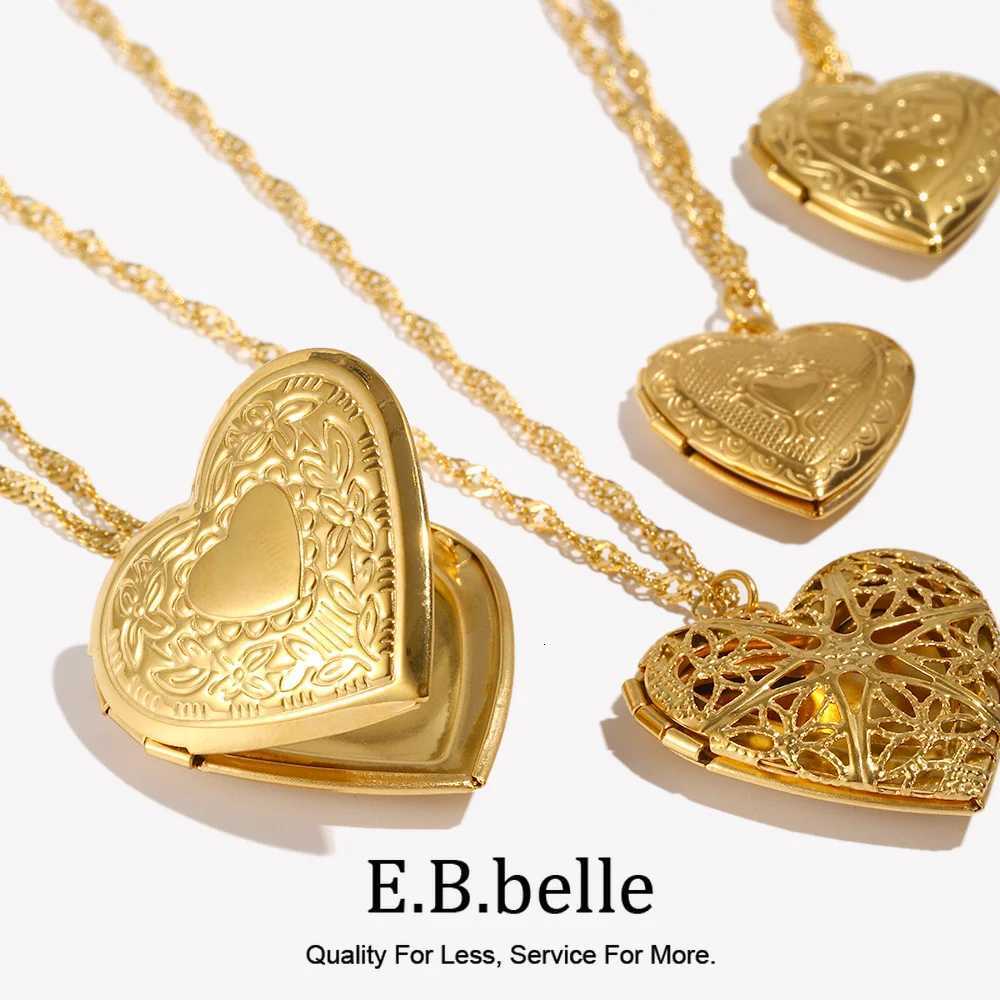 Pendant Necklaces E.B.belle Flower Pattern Hollow Heart Photo Box Pendant Necklace For Women Stainless Steel Jewelry 18K Gold Plated Souvenir Gift X