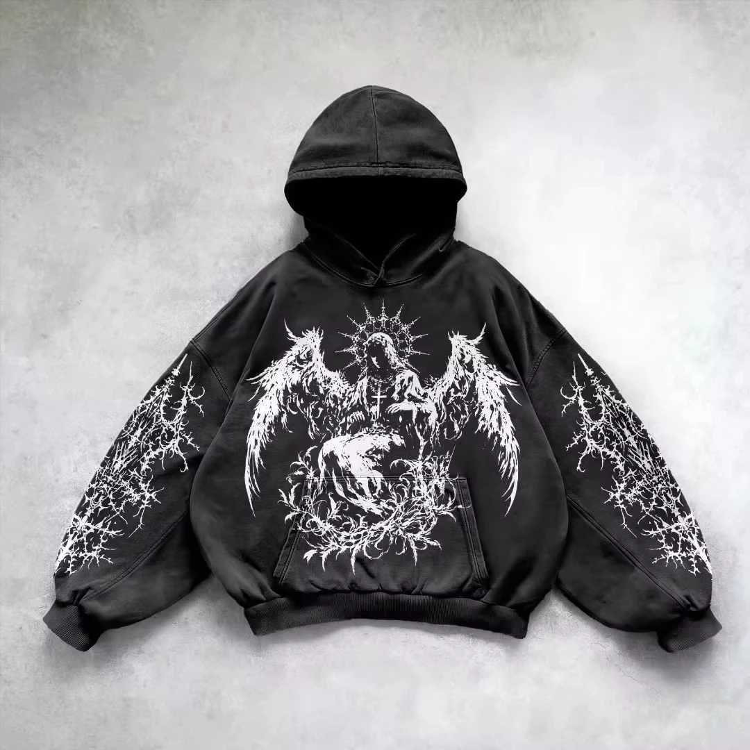 Retro Gothic Graphic Print Hip Hop Hoodie for Men Y2k Grunge Punk Casual Loose Pullover Women Strtwear Sweatshirt Hoodies S260922A3W8