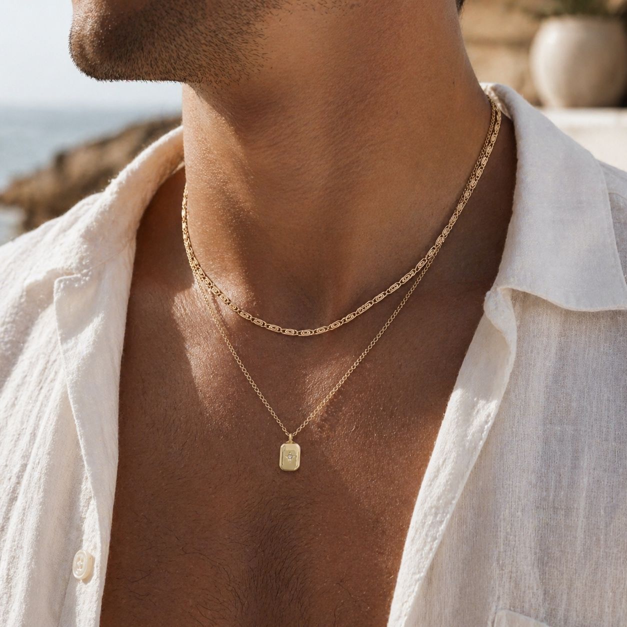 European American fashion necklace for men, trendy and high-end, hip-hop style, unique square pendant collarbone chain, men's layered jewelry