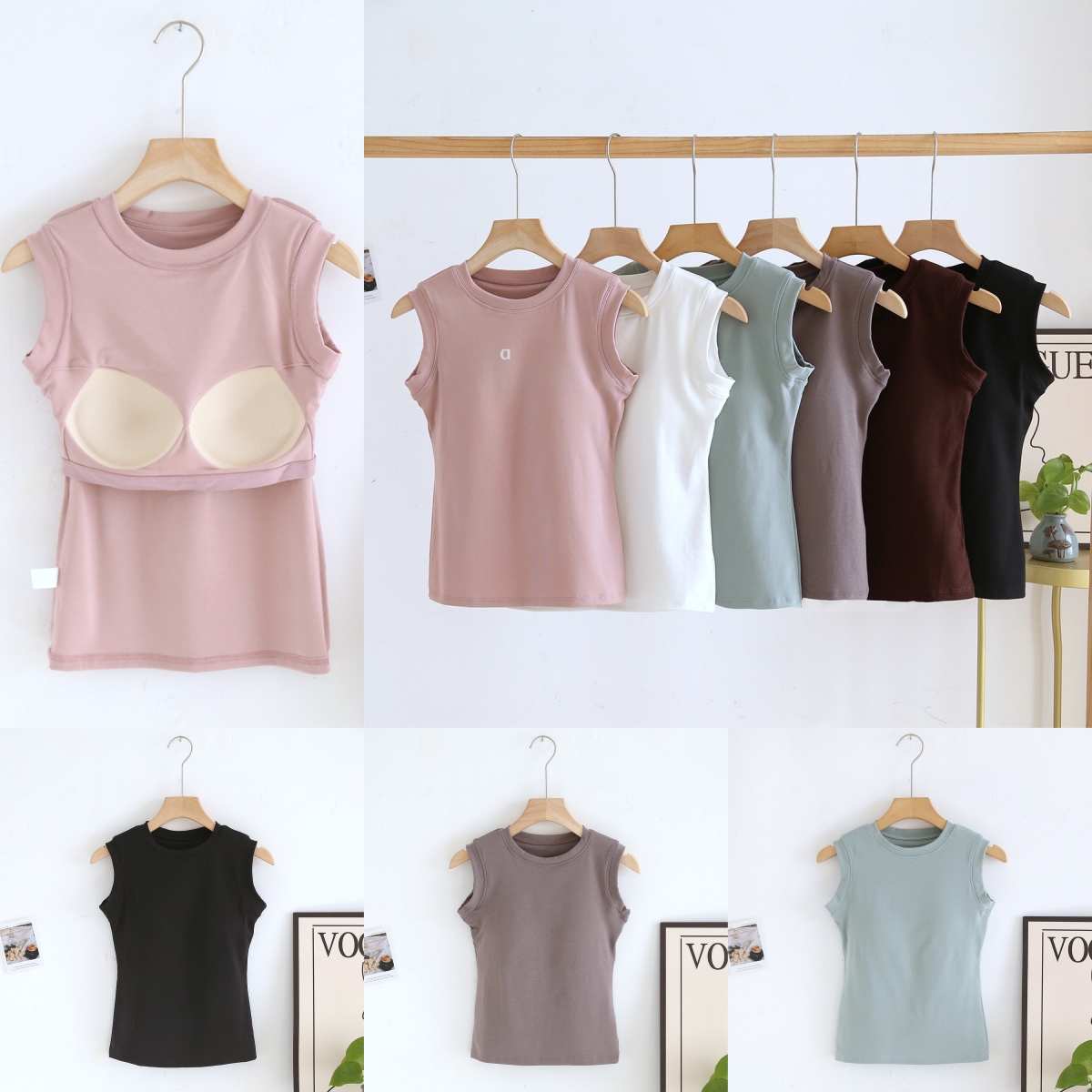 Womens Sleeveless Wide Shoulder Vest Gym Clothes Women Summer Round Neck Chest Cushion Base Layer Slim Fit Sleeveless Tee Sport Top A2380