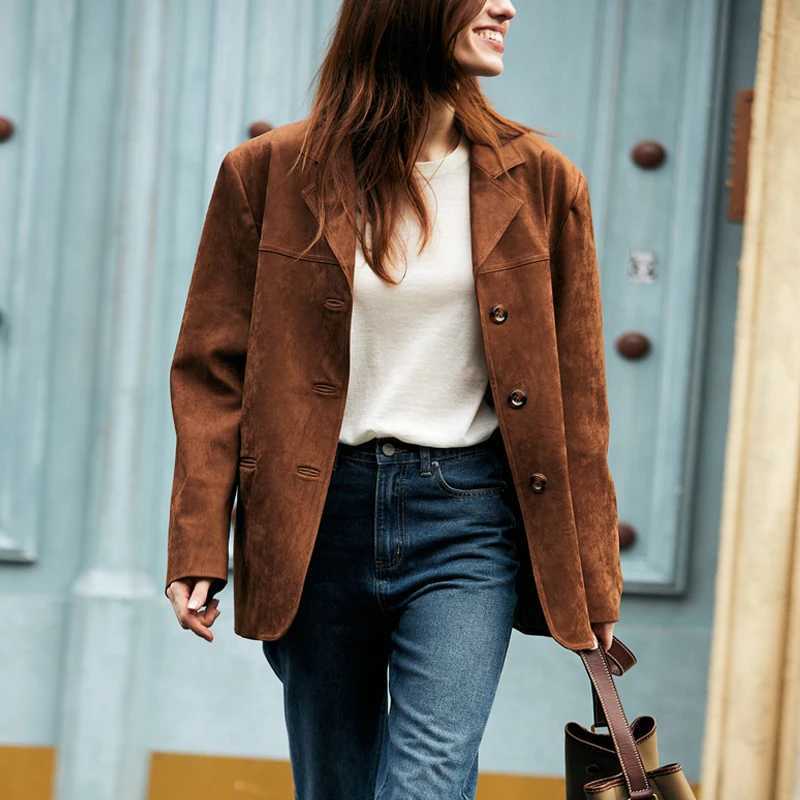 Leather 100% Lambskin Jacket Women 2025 Fall Retro Brown/Coffee Imported Suede Kid Leather Blazer Coat Femme Casual Loose Jacket C260921
